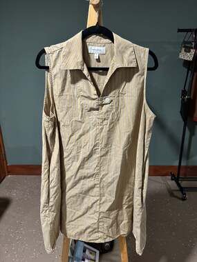 Banana Republic Sleeveless Striped Shirt Dress Tan White Black Size L